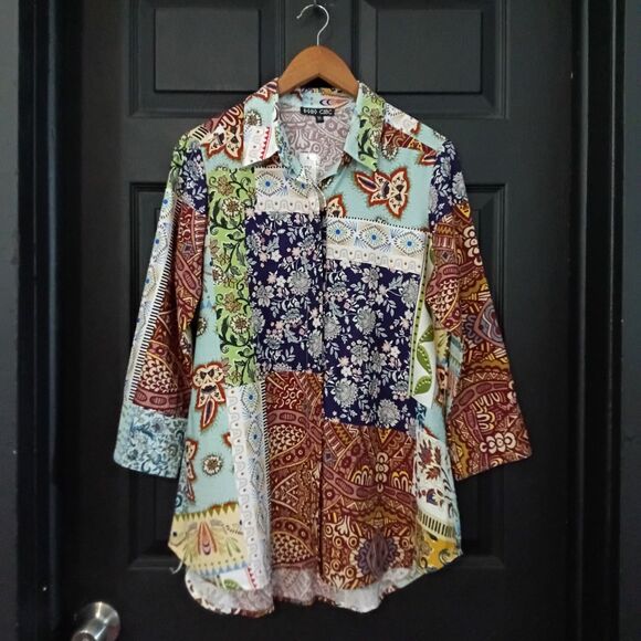 Boho Chic NWT Sz. M Multi Color Patchwork 3/4 Sleeve Button Up Blouse - Picture 2 of 16